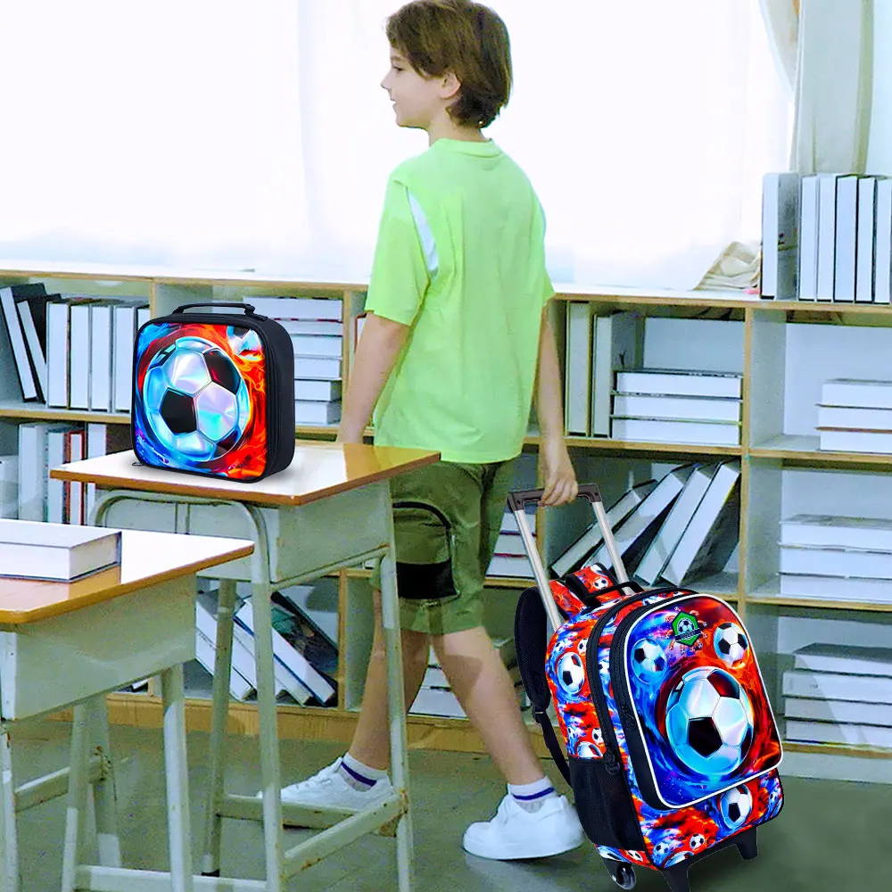 3PCS Rolling Backpack for Boys, Kids Roller Wheels Bookbag, Wheeled Elementary School Bag with Lunch Bag - football