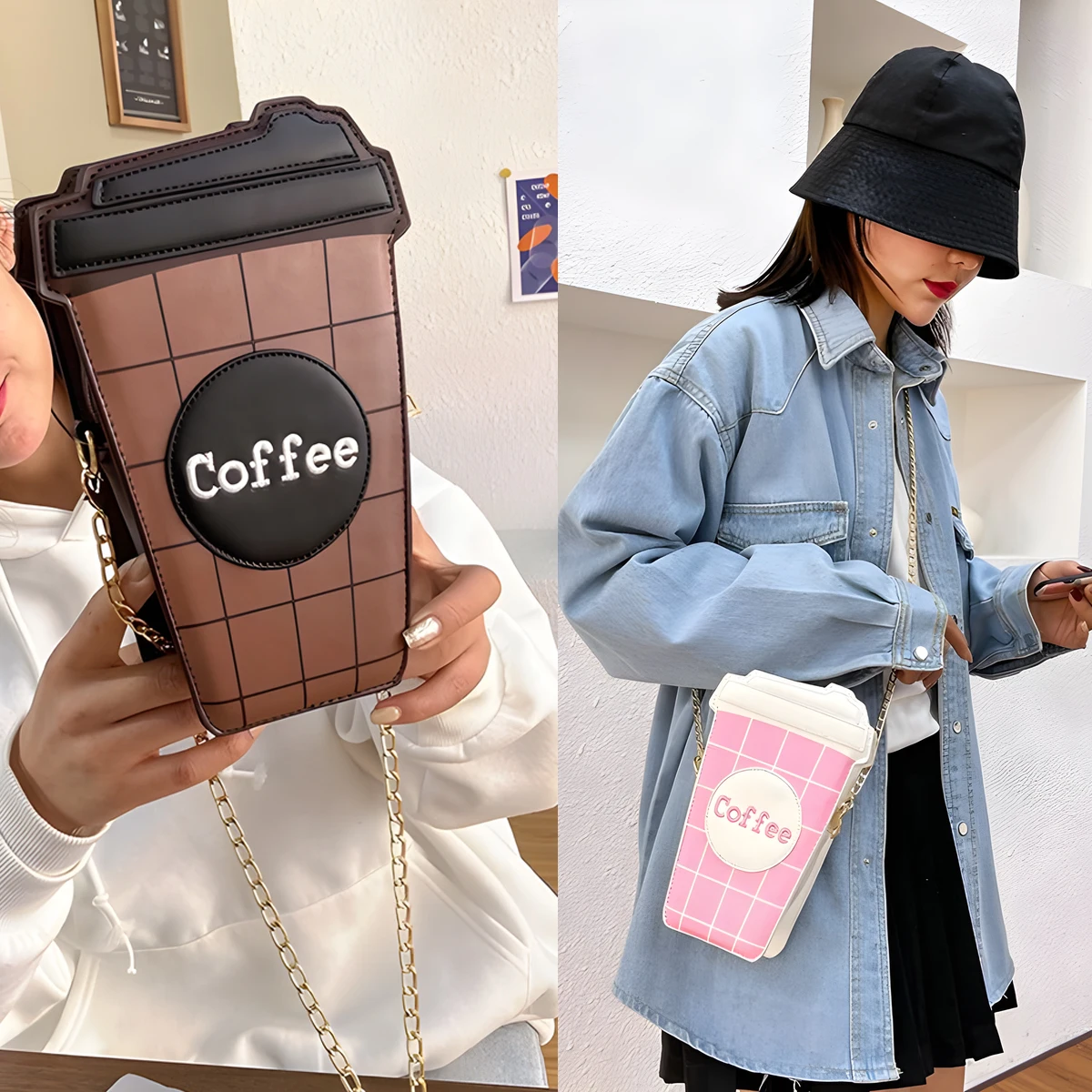 

Женская маленькая коричневая уникальная модная забавная сумка через плечо в форме кофейной чашки с веганской кожей и золотой цепочкой