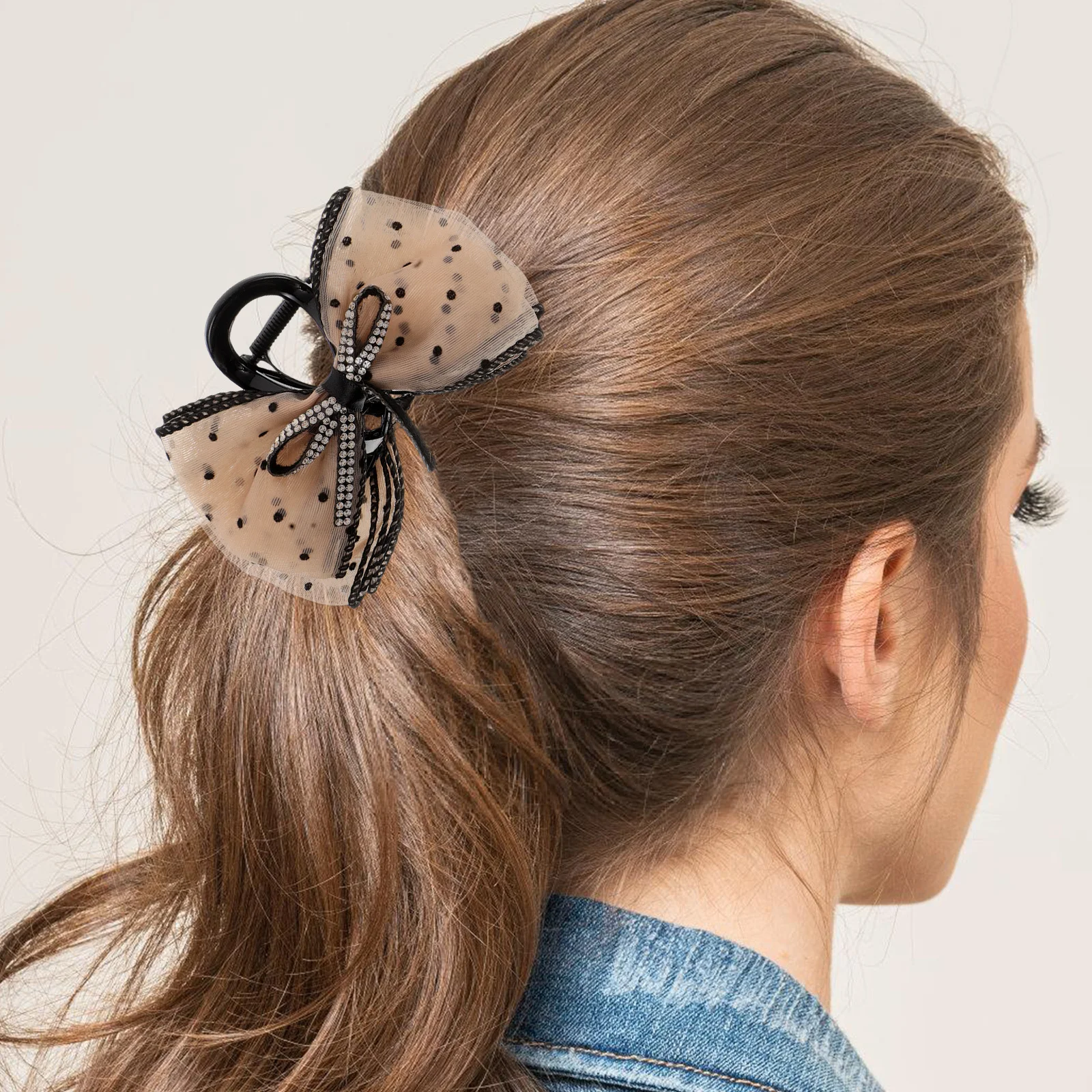 

3pcs Bow Clips For Women Large Sparkling Bowknot Claw Rhinestones Polka Dot Mesh Clip For Thick Thin Glitter Bow