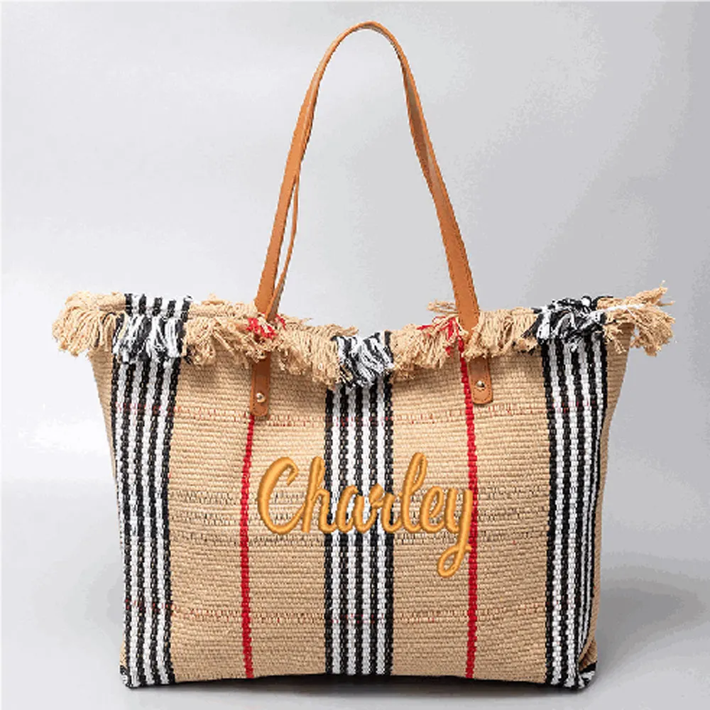 

Personalized Large Capacity Travel Tote Bag 2025 New Fashion Beach Handbag Embroidered Tassel Decoration Canvas Shoulder Basket