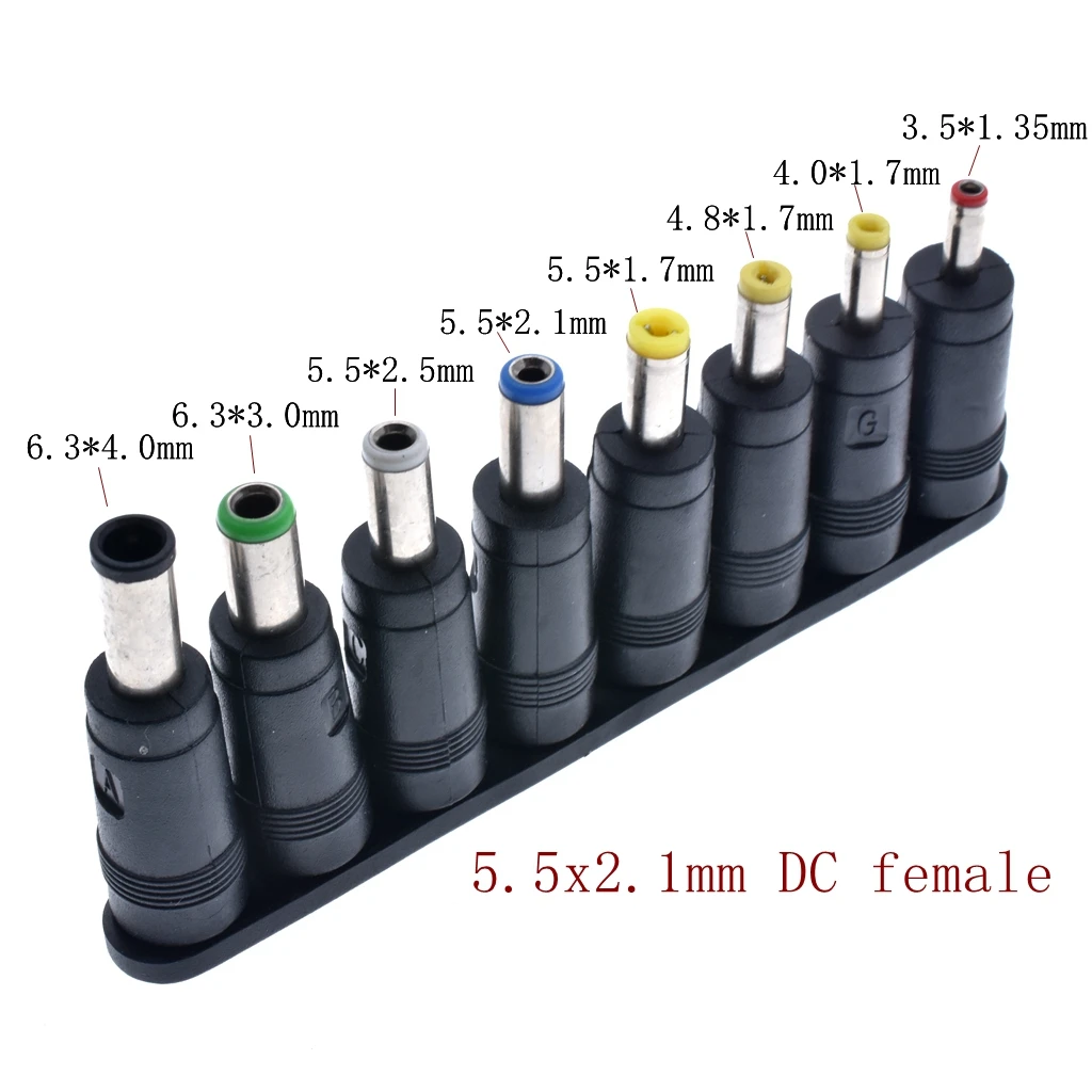 8-in-1 Universal DC Plugs 5.5mm x 2.1mm Female to Male Power Supply Adapter Jack Connector Tips for Laptop