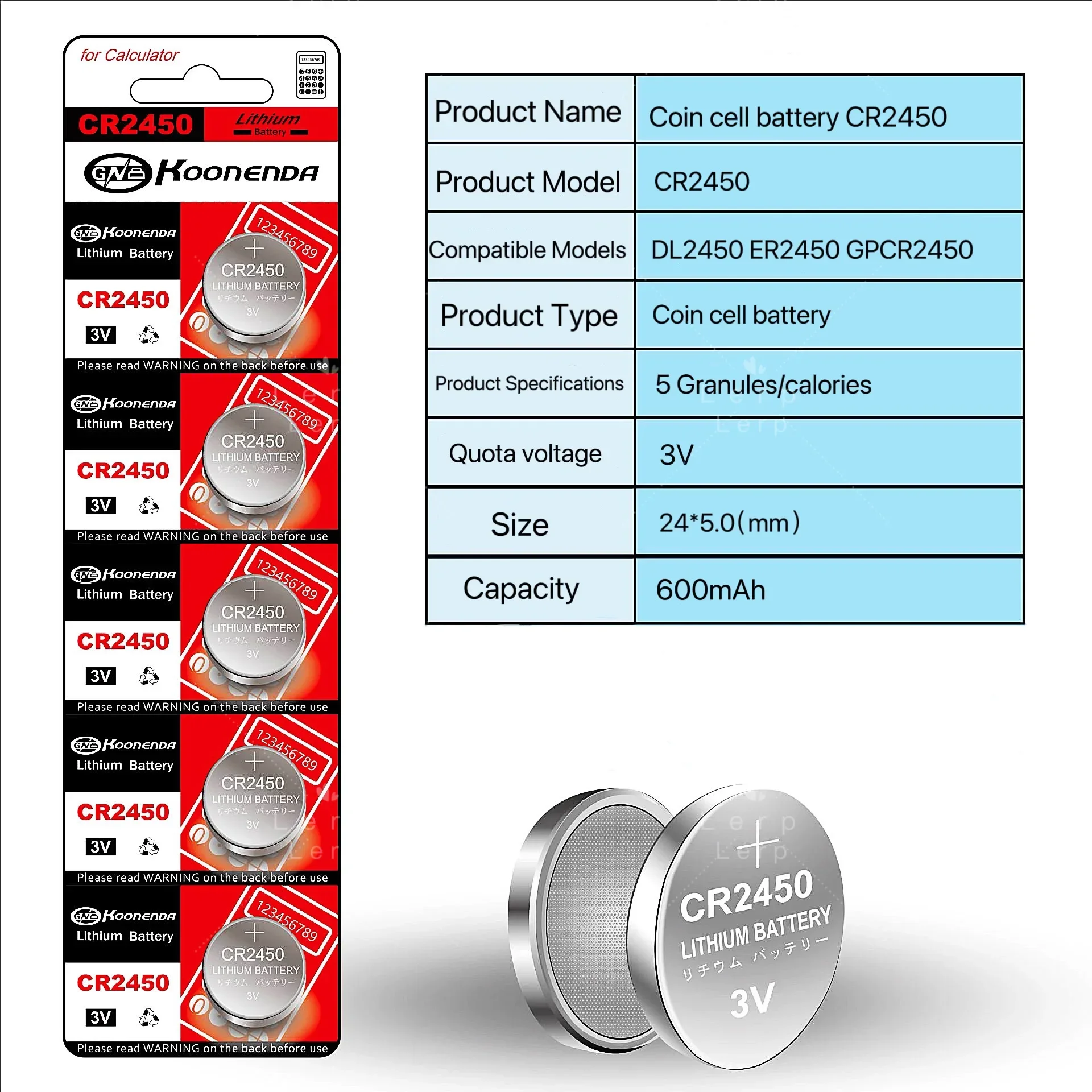 Bateria com luz LED e controle remoto, CR2450, 3V