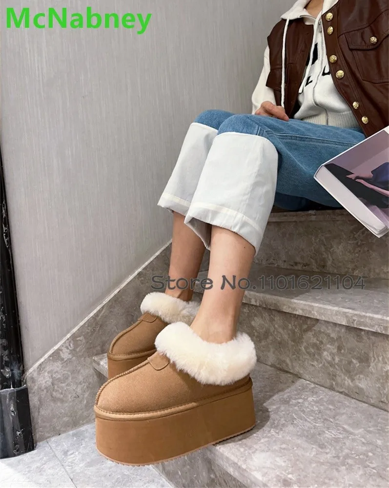 

Thick Sole Platform Fur Snow Boots For Female Women Luxury Design 2024 New Round Toe Slip-on Ankle High Solid Warm Winter Shoes