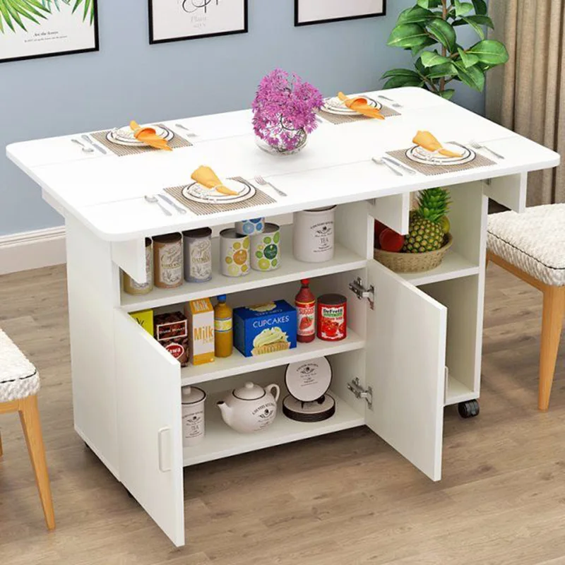 

Small apartment folding dining table and chair combination multi-layer mobile storage cabinet dining table