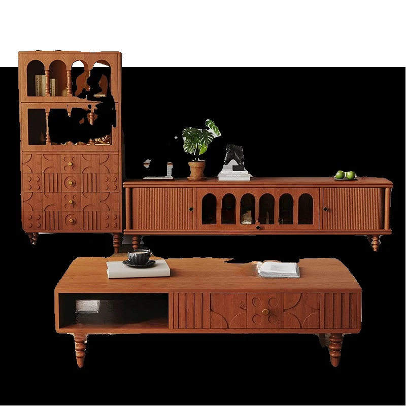 

Simple solid wood coffee table, medieval ash wood coffee table combination living room floor tea table carved log coffee table