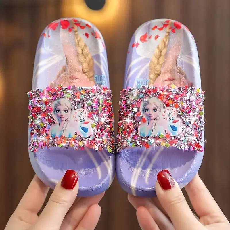 Disney elsa frozen Princess Children's Slippers Summer non-slip Girls Crystal Fashion indoor home soft soles sandals