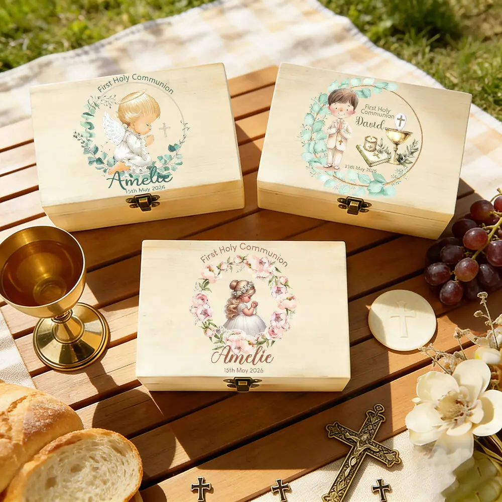Caja de recuerdo de madera personalizada para bautizo, primera comunión, regalo de bautizo para niño o niña, cofre de recuerdos religioso para bebé