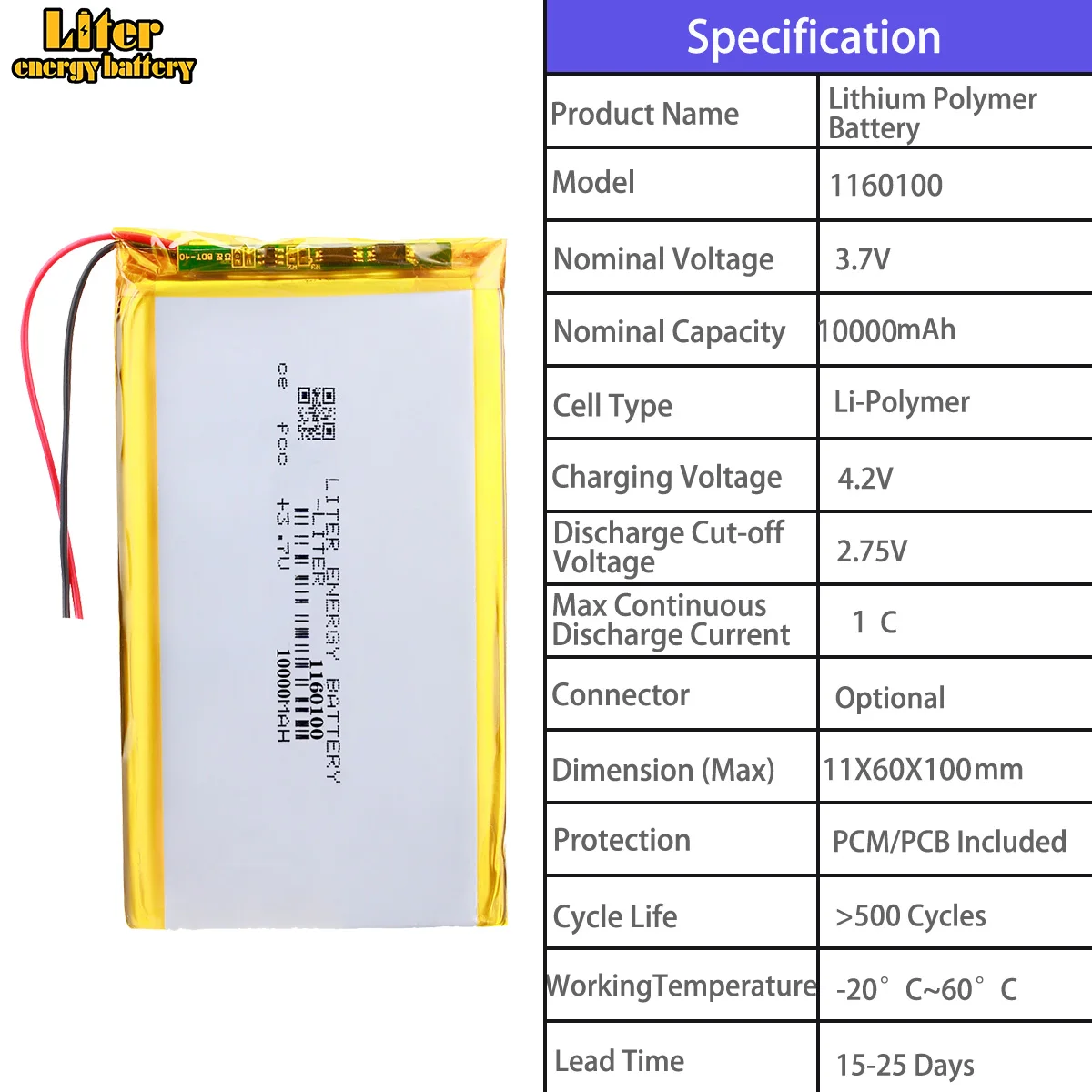 1160100 10000mah 3.7V Polymer Lithium Battery, Multiple Specifications Available for Electronic Devices