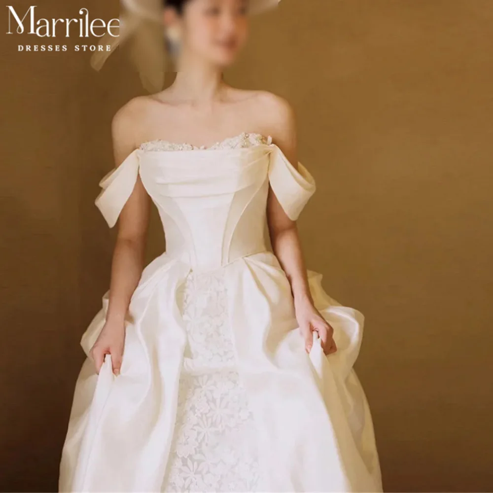 

Marrilee Satin Lace A Line Wedding Dress For Woman Sweetheart Short Sleeve Cap Bridal Gown Embroidery Pleated Bride Dresses 2024