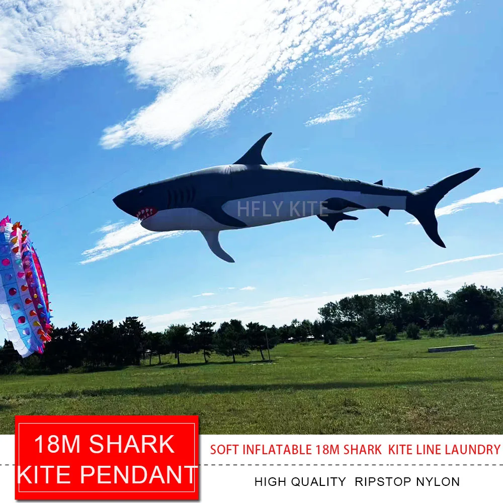 HFLY Nuovo Arrivo Grande Morbido Gonfiabile 18m Shark Kite Linea Lavanderia per Adulti di Alta Qualità Ripstop Nylon Mostra Ciondolo Aquilone