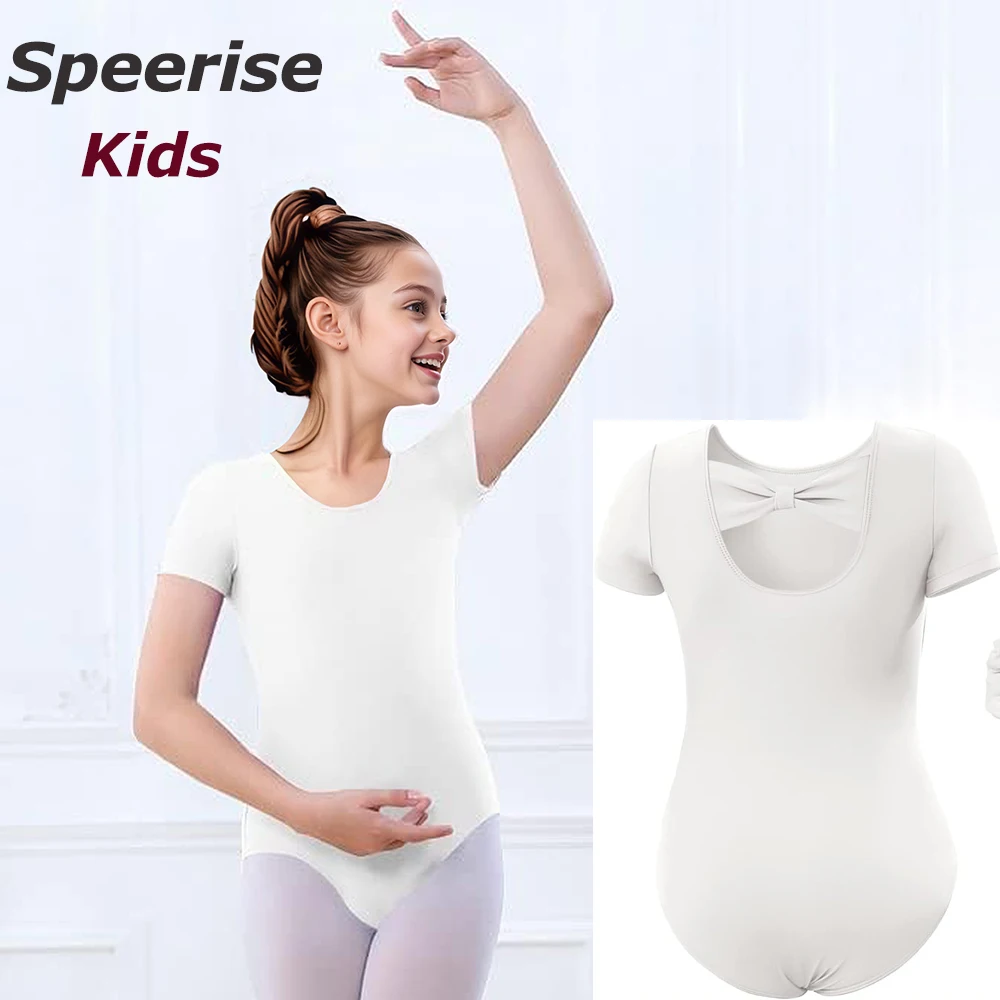 

Speerise Classic Girl Ballet Leotards for Dance Costumes Hollow Back Bow Short Sleeved Nylon Gymnastics Princess Top For Toddler
