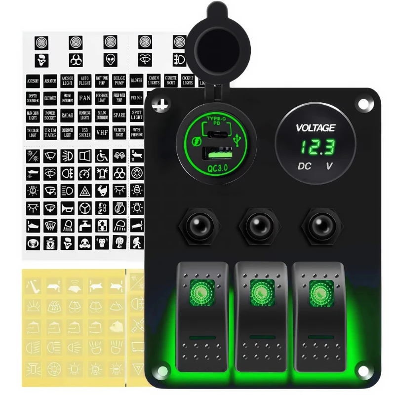 3 Gang Rocker Switch Panel with Breaker 12V Car USB Socket  Marine LED Toggle Switch Panel Waterproof for RV Truck Boat