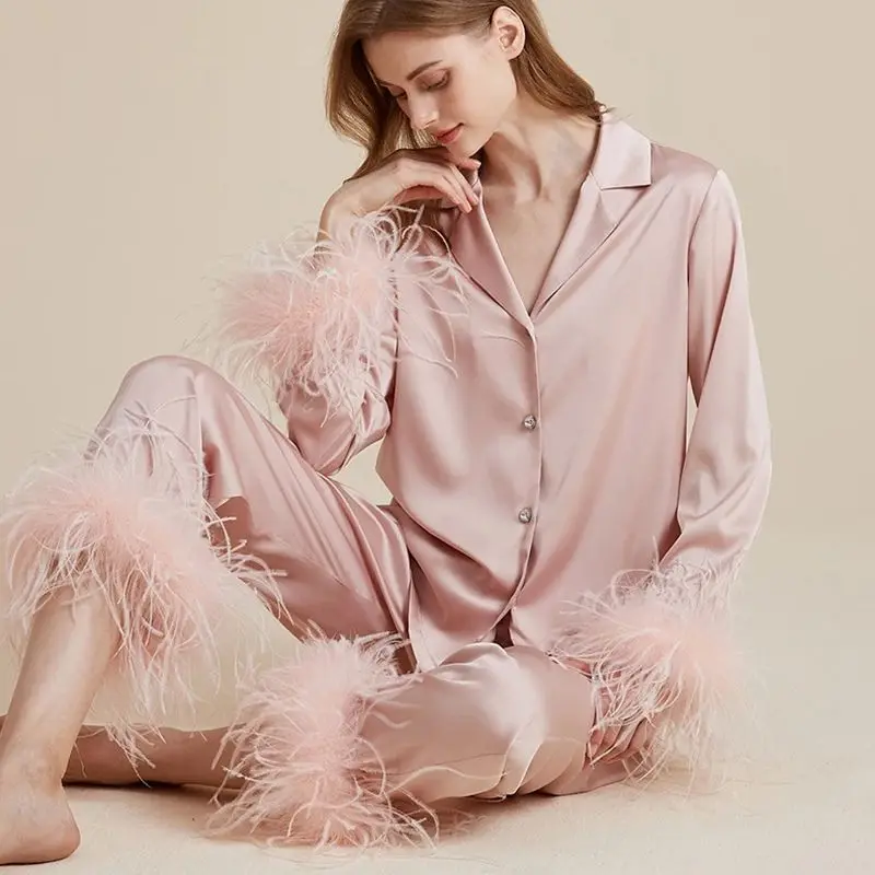 Women Big Feather Pajamas Sets Spring Summer Lady Natural Ostrich Feather Cuffs Suit