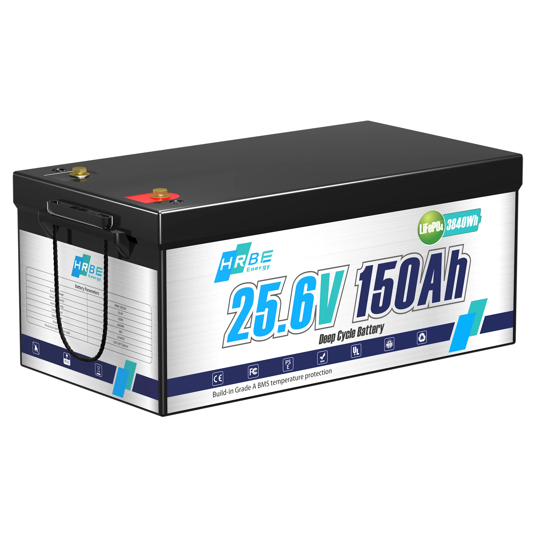HRBEEnergy 24V 150Ah 3.84kWh Deep Cycle LiFePO4 Battery with 100A BMS,Perfect in Solar/Energy Storage System,Marine,Backup Power