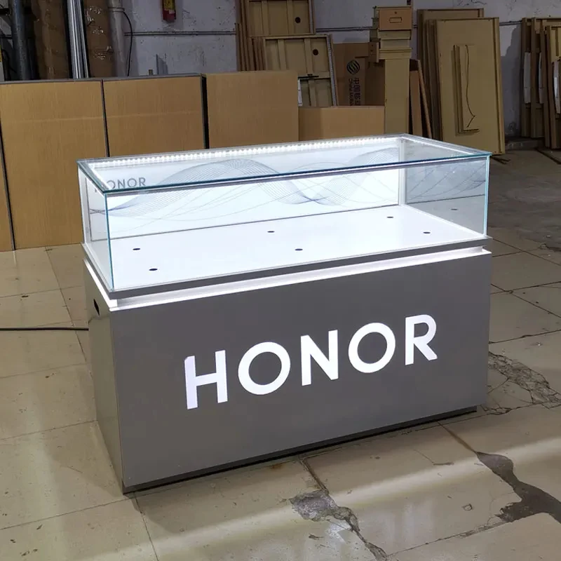 custom.Customized Metal Mobile Phone Cabinet LED Lighting Glass Display Showcase Electronic Products