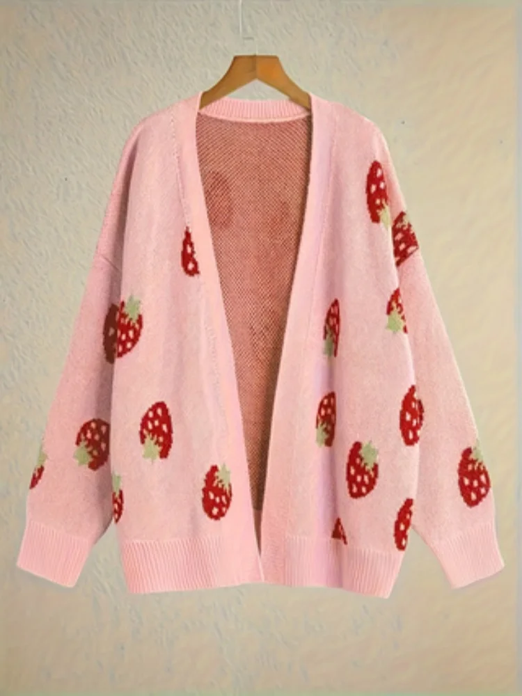 New Women\'s Sweater Coat Knitted Cardigan Pink Strawberries Loose Cover Up Comfortable Open Front Ladies Mid-long Sweaters