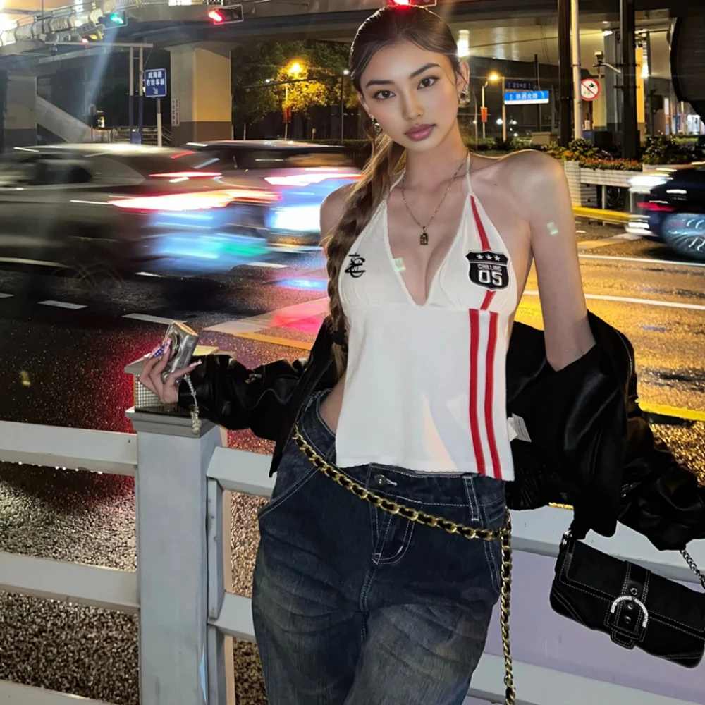 

SylCue Sexy Fashion Tank Tops Woman Lace-Up Halter Low-Neck Backless Contrast Stripe Hot Girls High Street Versatile Style Tops