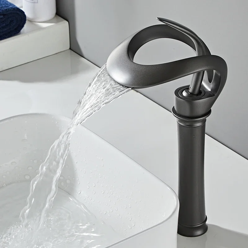 Bathroom Basin Faucet Black Bathroom Faucet Brass Creative Grey Sink Mixer Tap Hot & Cold Waterfall Basin Faucet