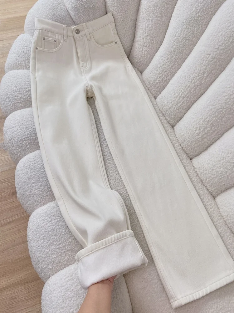 

Расклешенные белые джинсы с высокой талией на подкладке, женские осенне-зимние утягивающие прямые брюки больших размеров, повседневные удобные джинсовые брюки