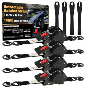 1" X 12ft  Automatic Retractable Ratchet Strap Polyester Self Retracting Tie Down Belt With S Hook CE Certified High-Strength