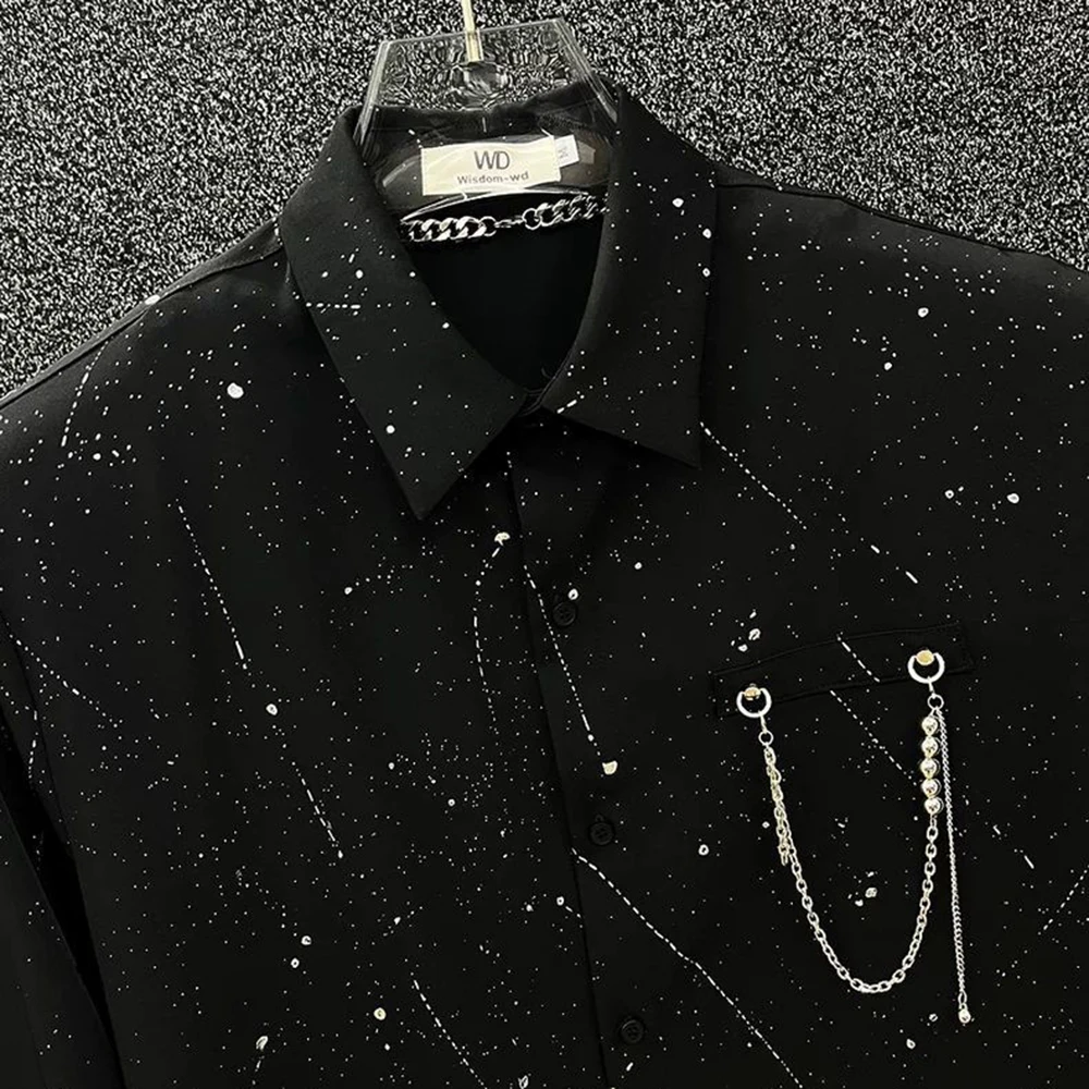 Camisa masculina corrente de metal céu estrelado camisa streetwear moda palco desempenho boate salão de baile manga longa topo roupas masculinas