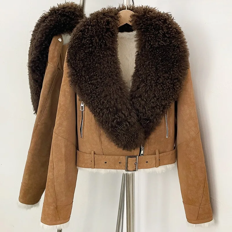 2026 High-quality Suede Coat Women Short Jacket Autumn Winter Real Rabbit Hair Lining Mongolia Sheep Fur Collar Moto&biker Coats