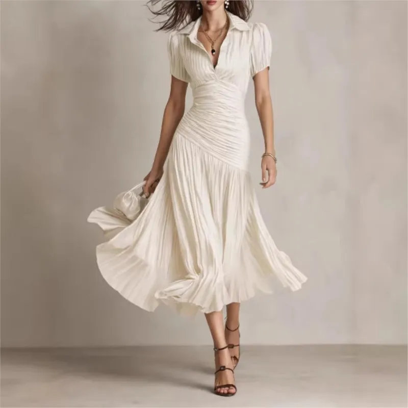 

Summer Elegant Satin Long Dresses Women Lapel Hight Waist Pleated Slim A-Line Dress Casual Short Sleeves Commuting Shirt Dress