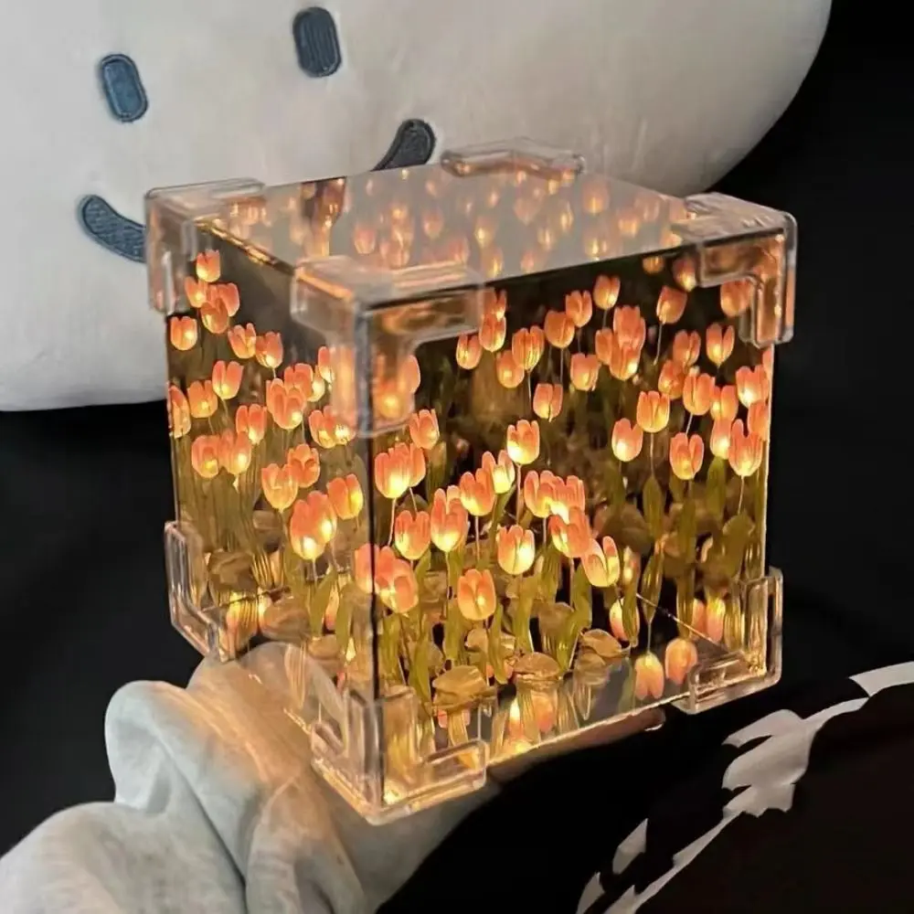Luz nocturna de tulipán DIY creativa, lámpara de noche decorativa Led, lámpara de mesa de cubo mágico y espejo 2 en 1 para regalos de cumpleaños, tarjetas para niñas