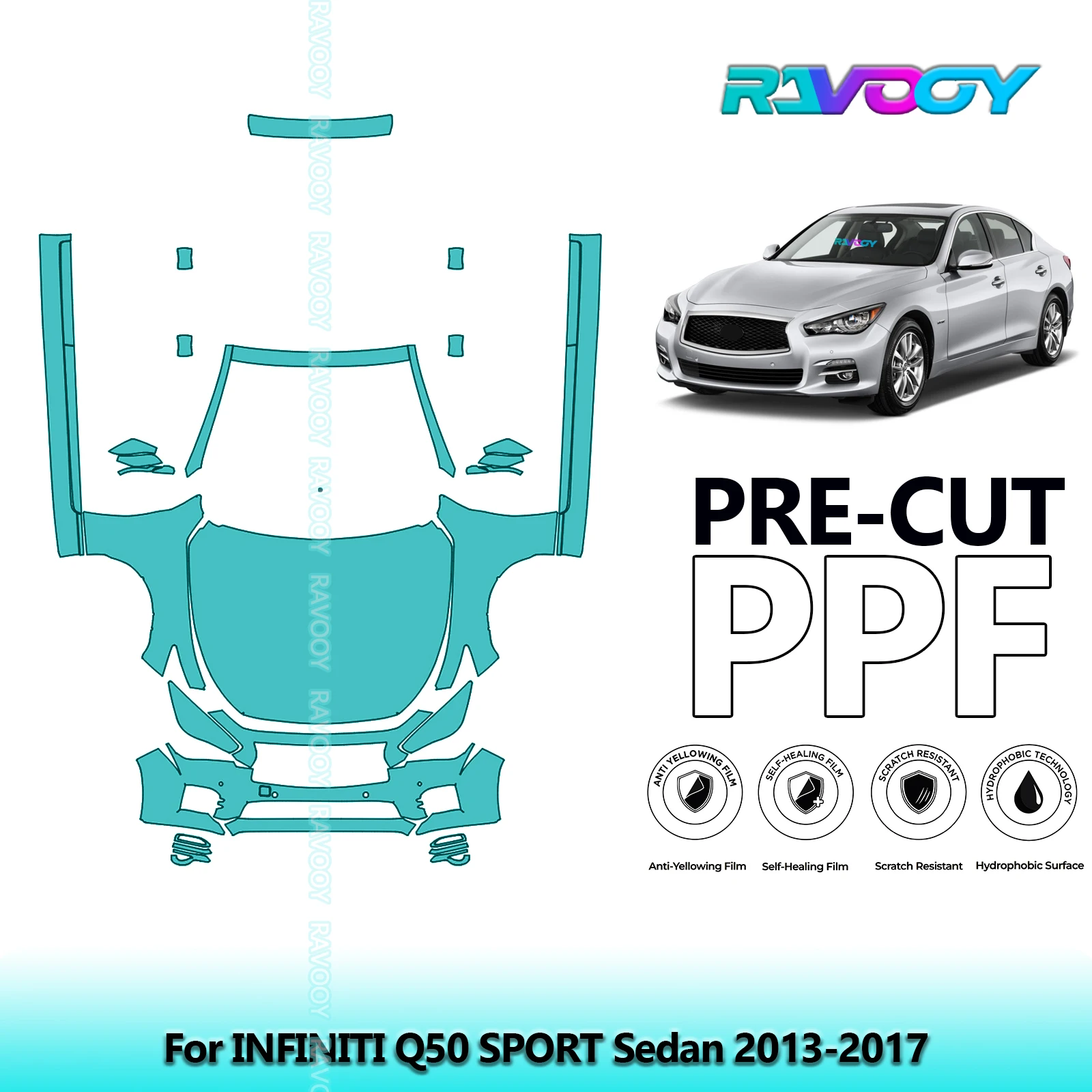 

For INFINITI Q50 SPORT Sedan 2013-2017 Front Kit+Rockers 8.5Mil Precut Paint Protection Film PPF Clear Bra