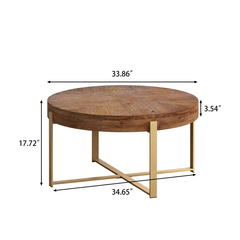 Mesa de centro redonda de empalme retro moderna de 33,86 pulgadas, tablero de mesa de madera de primer plano con base de patas cruzadas doradas (el mismo SKU: W 757126236 )