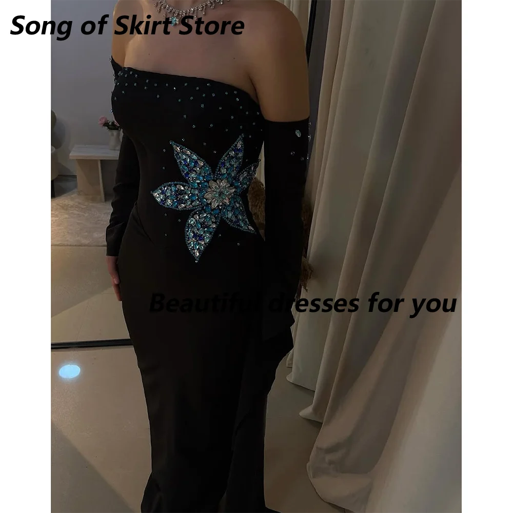 فستان سهرة أسود مخصص بدون حمالات زهرة كريستال طول الأرض غمد حفلة كوكتيل فساتين لحضور الحفلات الموسيقية 2025
