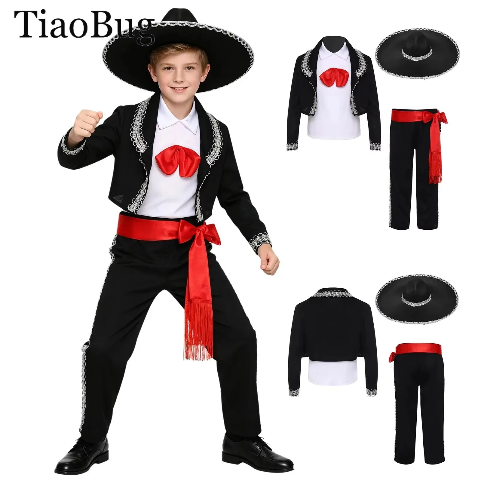 

Unisex Girls Boys Mariachi Dress Up Mexican Performance Costume Halloween Mexican Cosplay Vest Pants Jacket Waistband +Hat Suits