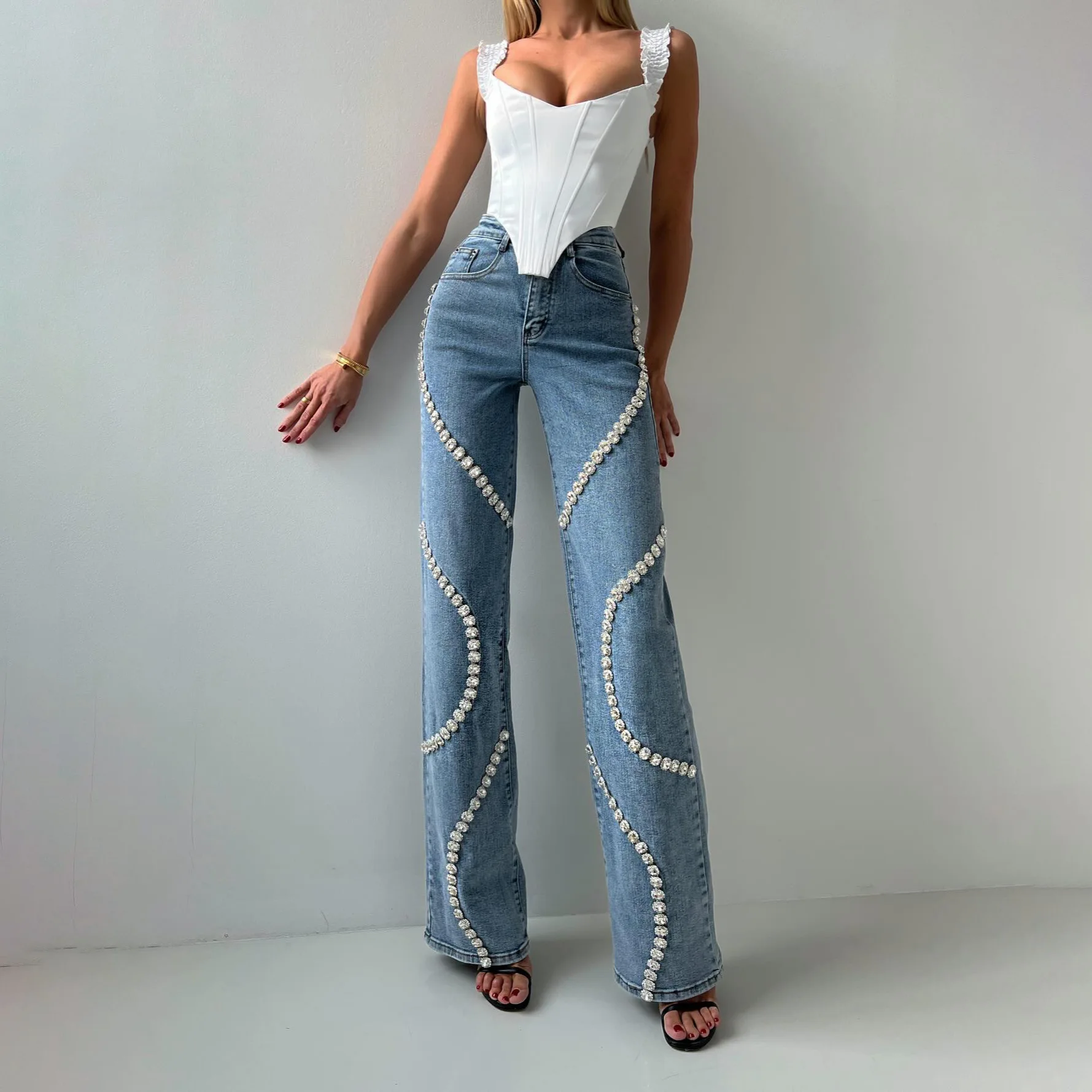 Design Sense Surrounding Rhinestone Jeans For Women Loose Fitting Straight Leg Fashionable Casual Versatile Pants