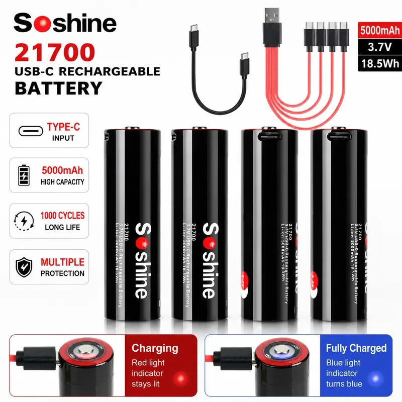 5000Mah Soshine 21700 Multi-function Lithium Battery Li Ion Rechargeable Battery 3.7V 5000mAh Type-C Input and Output 5V