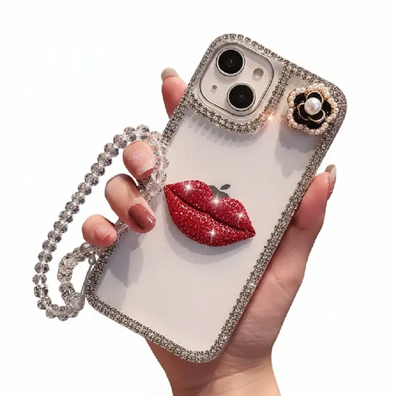 Glitter Lipstick Kiss Pearl Camellia Phone Case for Samsung Galaxy S25 Faith S24 S23 S22 S21 5G S20 Ultra 3D Stereoscopic Cover