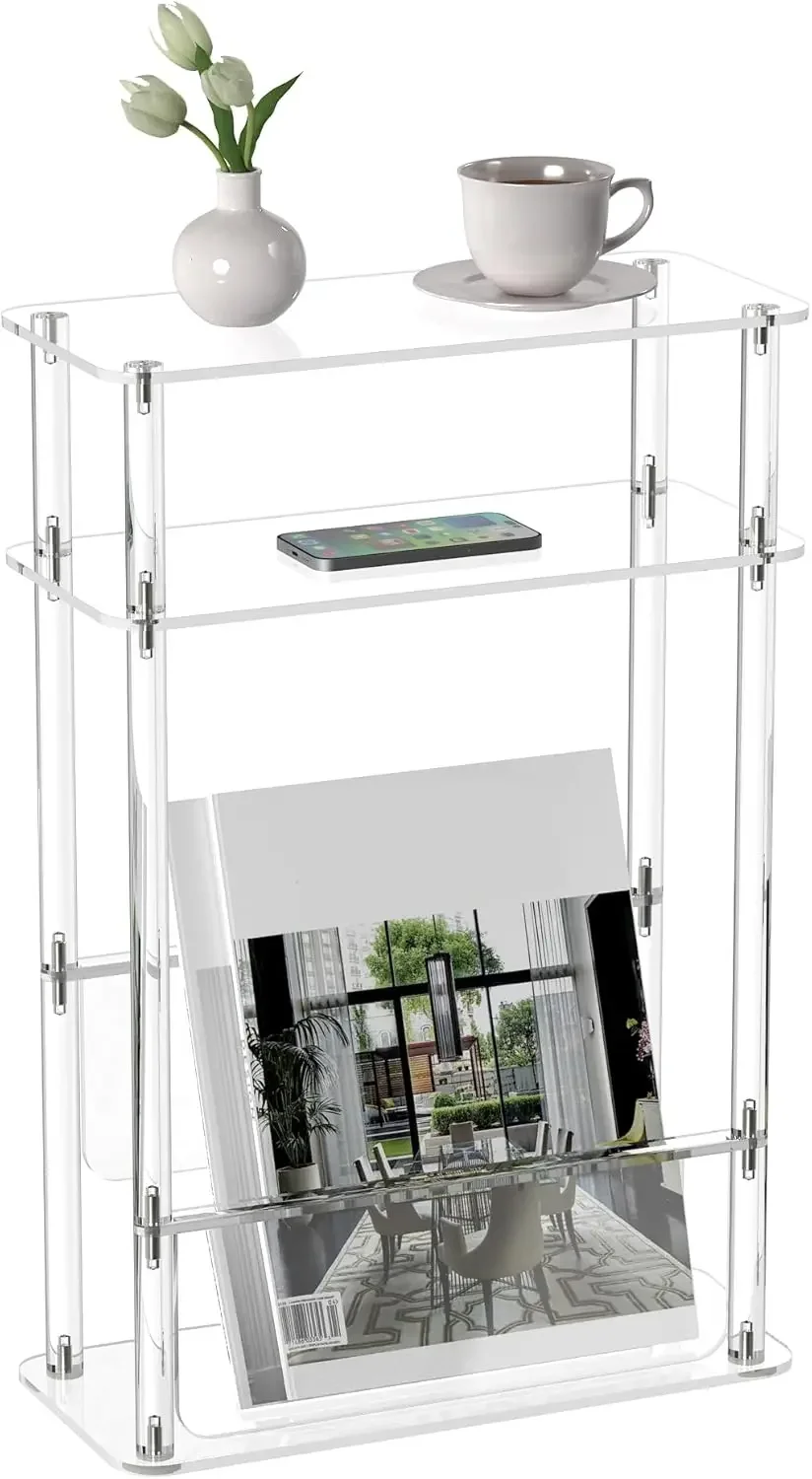 

Acrylic Narrow End Table for Small Spaces with Magazine Holder, Slim Side Small Nightstand,3 Tier, 15.7" L x 7" W x 23" H, Clear