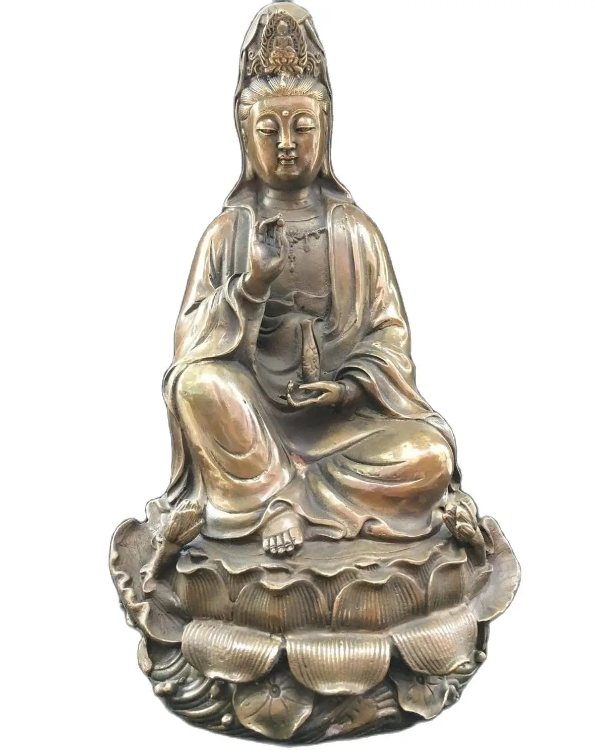 27CM 11'' copper carved lotus buddism godness Guanyin Avalokitesvara Bodhisattva