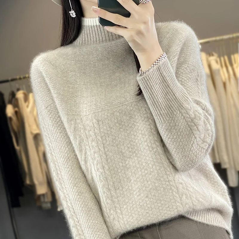 Autumn and Winter New 100% Woolen Sweater Women's Half High Neck Stripe Color Matching Versatile Style Pullover Fit Bottom Shirt