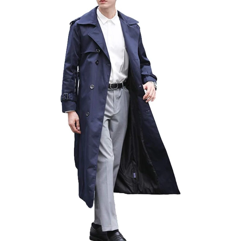 

Man's Double Breasted Trench Coat Oversized Casual Windbreaker Lapel Long Overcoat