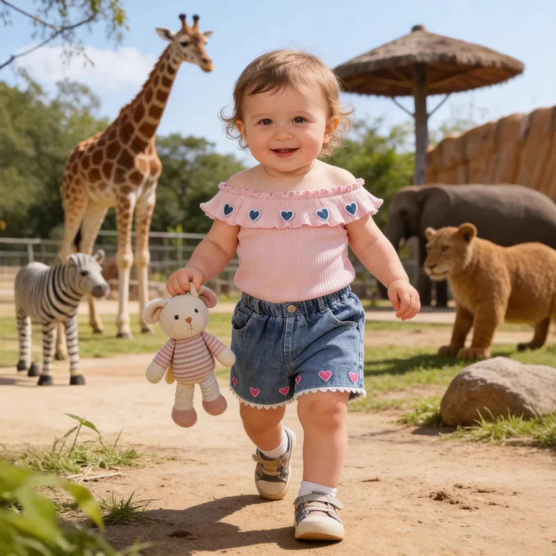 

Infant and Toddler Girl's Heart Decoration Sleeveless Shorts Set, Ruffled Vest and Denim Shorts, Summer Outing Two-Piece Set