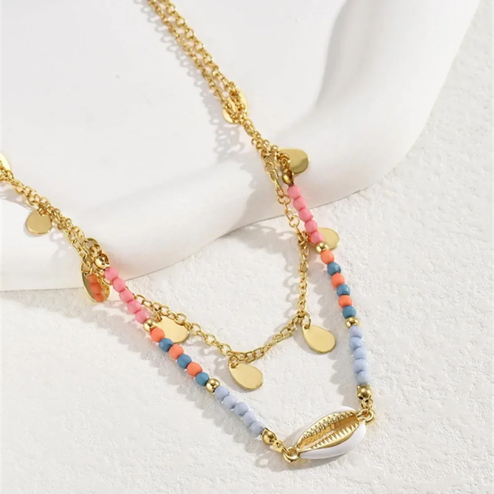 Boho Colorful Bead Chain Shell Gold-plate Water Droplets Sequin Tassel Pendant Necklace For Women Vintage Fashion Choker Jewelry