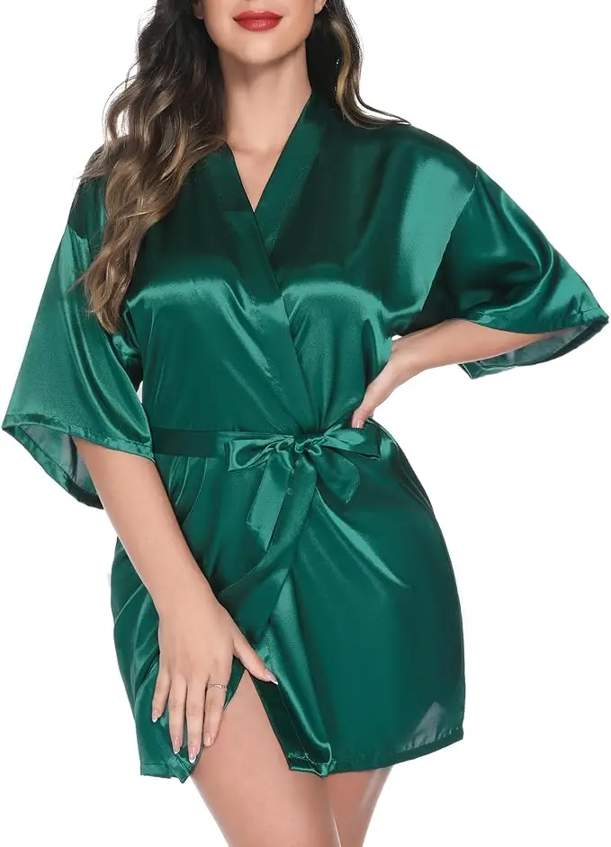 Green Nightgown Solid Color Kimono Lady Elegant Bathrobe Satin Homewear Wedding Bridal Gift Sleepwear Sexy Intimate Lingerie