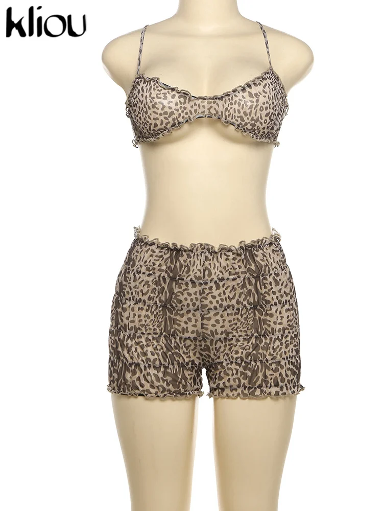 kliou Summer Women Above Knee Sexy&Club Mesh Two Piece Set K24S46051 Girl Leopard Camisole+Lacing Shorts Matching Outfit Suit