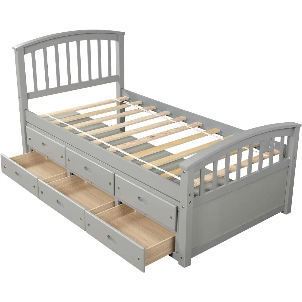 Cama de capitán con almacenamiento, 6 cajones, cama de plataforma con cabecero y reposapiés para dormitorio, marco de cama de madera con listones de soporte