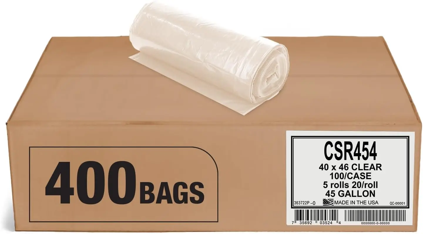 

45 Gallon Clear Heavy Duty Trash Bags, 400 Pack, 40x46 Inches, 2.0 MIL Thick for Recycling and Industrial Use