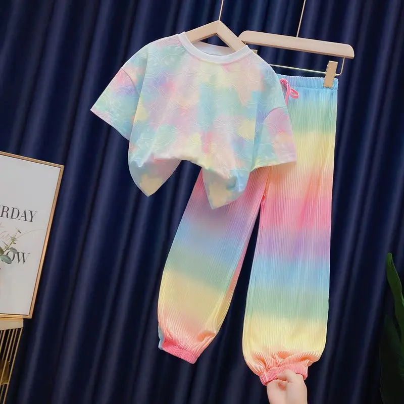 New Fashion Ice Silk Rainbow Gradient Color Loose 2pcs T-shirts+pants Girls 2024 Summer Suits 3-12 Years Kids Tie-dyed Clothing