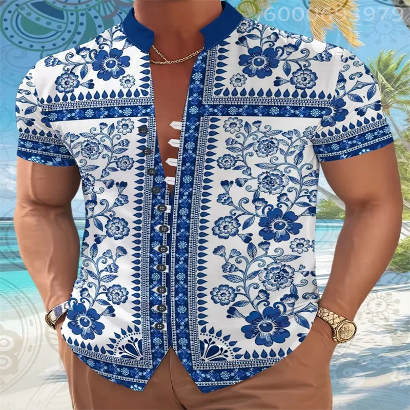 

Men's 3D printed shirt, fashionable new summer casual fresh style, loose and breathable stand collar button Hawaiian shirt