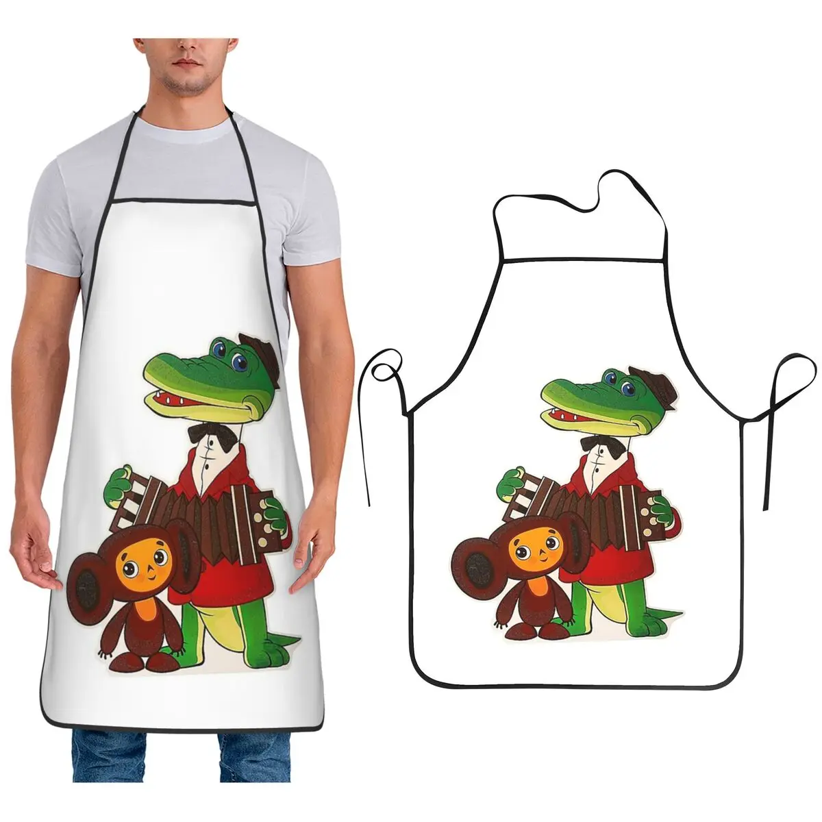

Чебурашка и Гена (4) Фартук шеф-повара для приготовления пищи, выпечки, столб, водонепроницаемый нагрудник, кухонный сарафан для чистки для женщин и мужчин, живопись