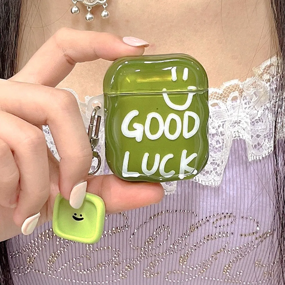 Funda para auriculares con letras en inglés verde INS para Apple Airpods Pro 2, cubierta con borde trenzado, colgante de sonrisa para Airpod 1, 2, 3, tercera generación