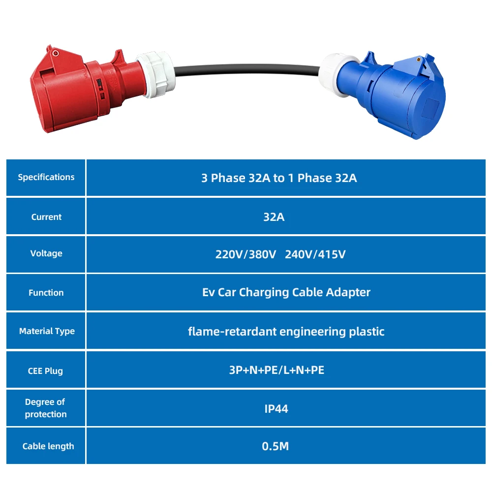 Adaptador de carga QiFeng EV convertir de 22KW a 7KW trifásico a 1 fase 32A CEE rojo hembra 5 pines conectar a azul hembra 3 pines